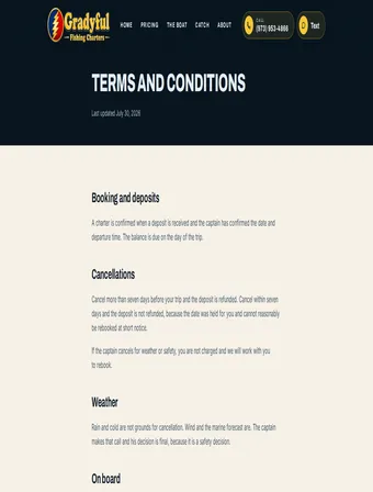 Terms and Conditions page of the redesigned Gradyful Fishing Charters site