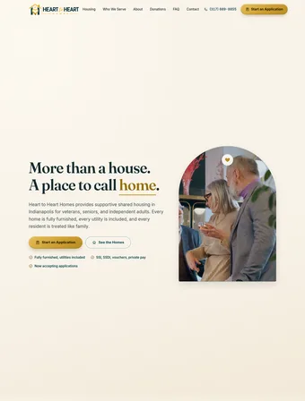 Homepage of the redesigned Heart to Heart Homes site