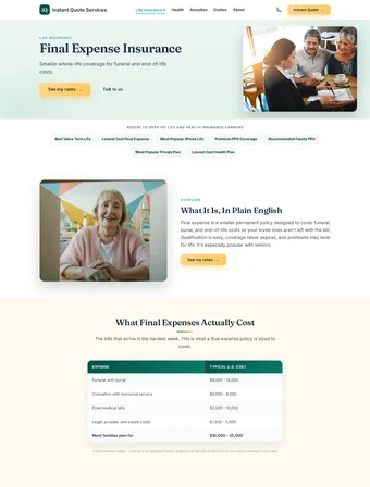 Final Expense page of the redesigned Insure Instant Quote site