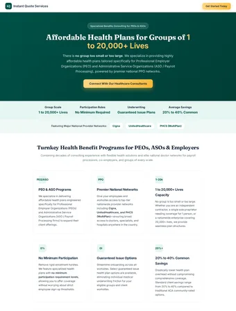 PEO Group Health page of the redesigned Insure Instant Quote site