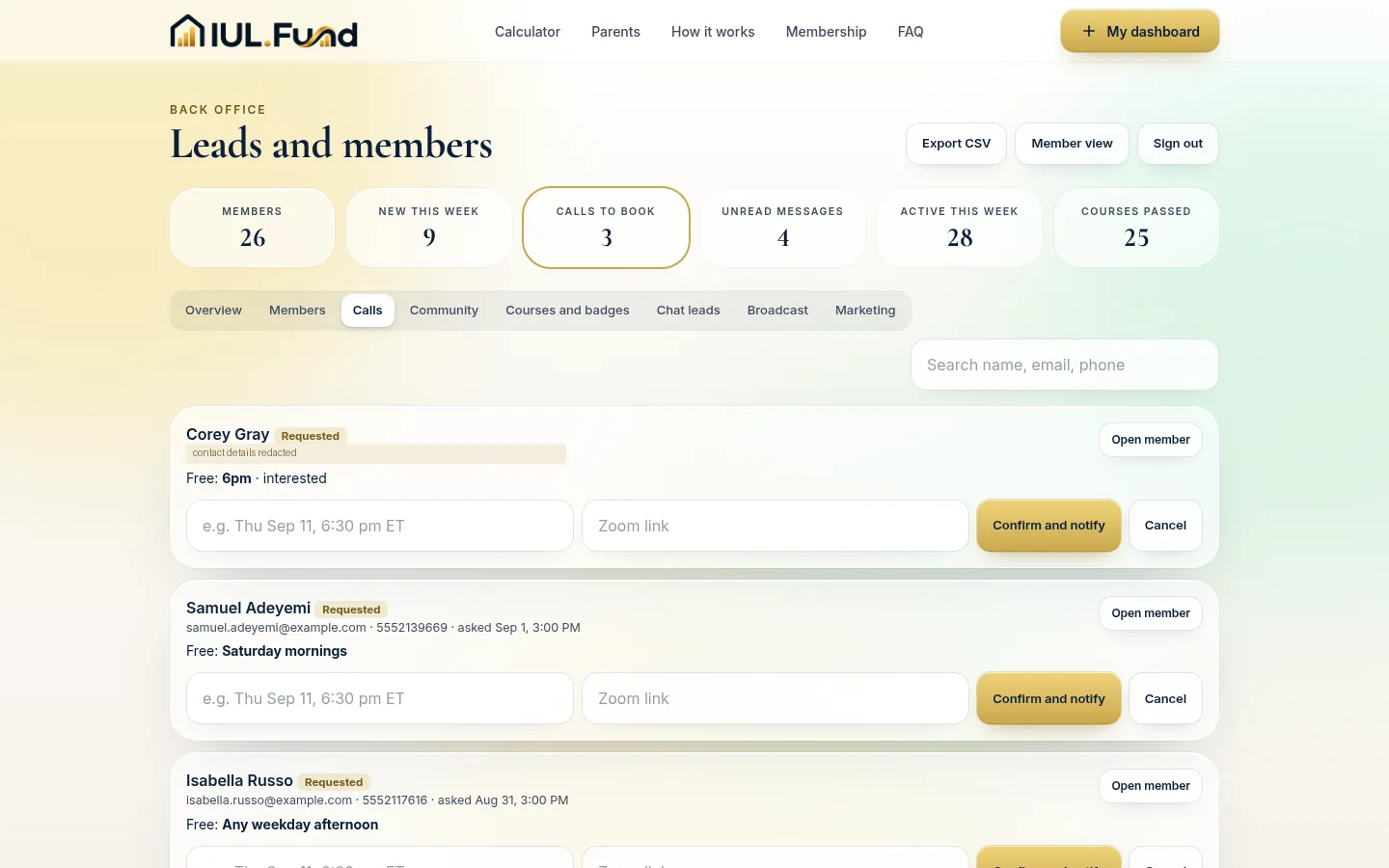 The IUL.Fund back office calls tab, showing requested strategy calls awaiting a scheduled time