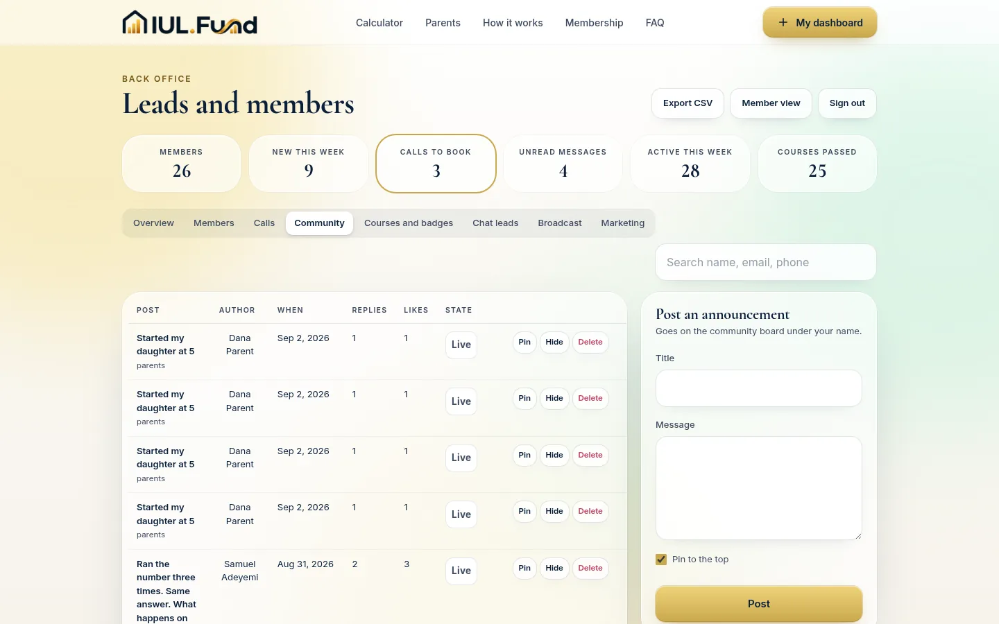The IUL.Fund back office community moderation tab, with post moderation and an announcement composer