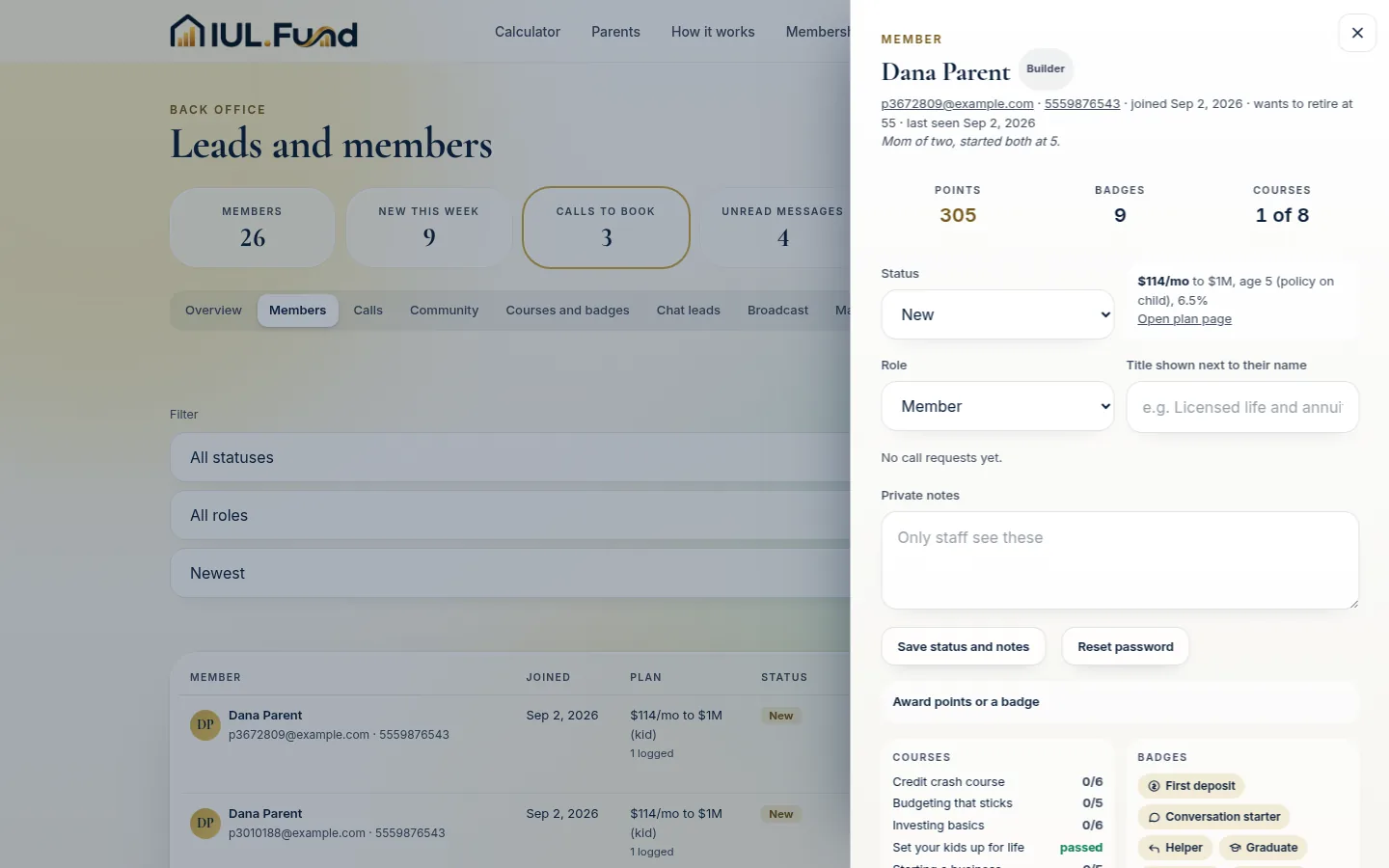 A single member's detail card in the IUL.Fund back office, showing their plan, points, badges and private notes