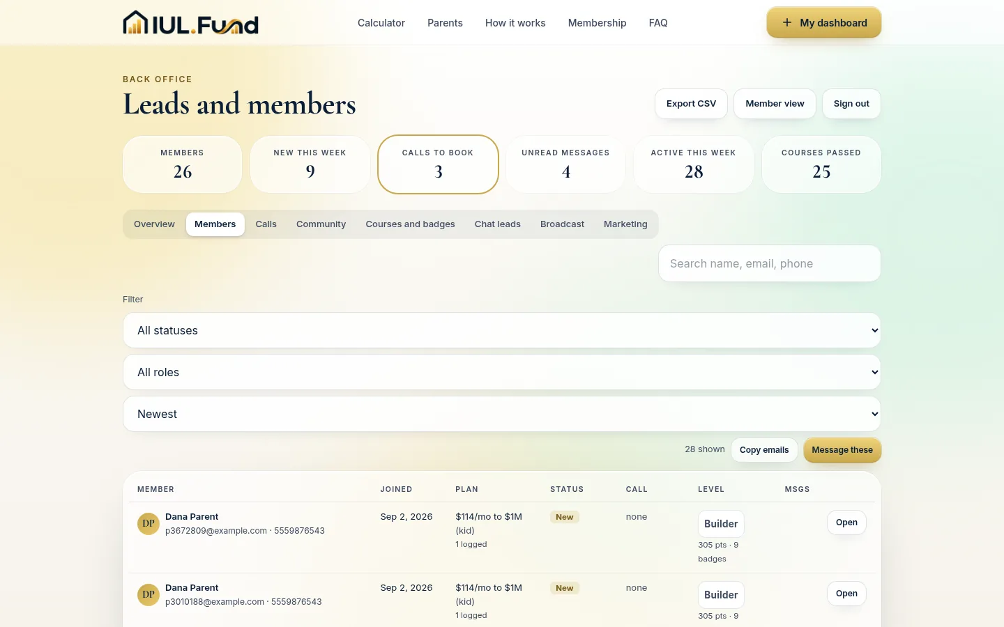 The IUL.Fund back office members list, filterable by status and role, with bulk email tools