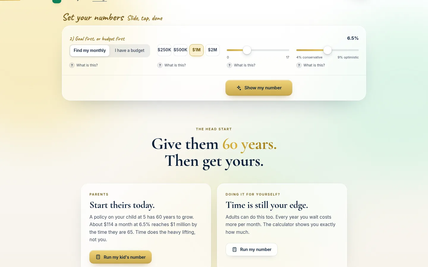 The IUL.Fund homepage goal calculator, showing goal amount, starting age and growth rate sliders