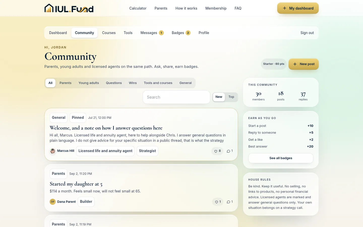 The IUL.Fund member community board, moderated by a licensed life and annuity agent