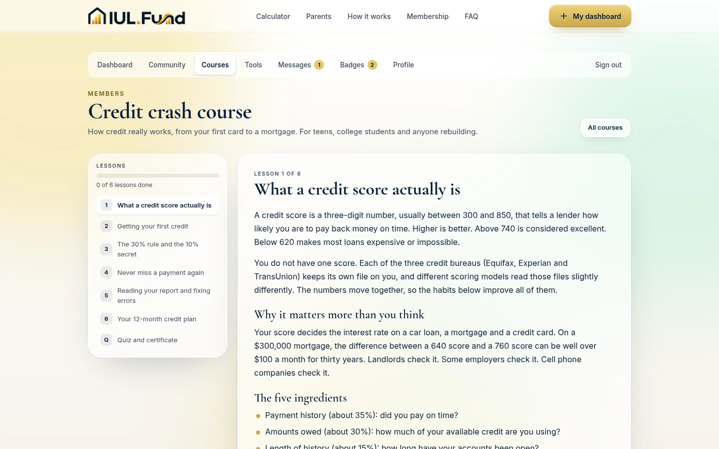 Lesson 1 of the Credit Crash Course, showing plain-language lesson content and a lesson sidebar