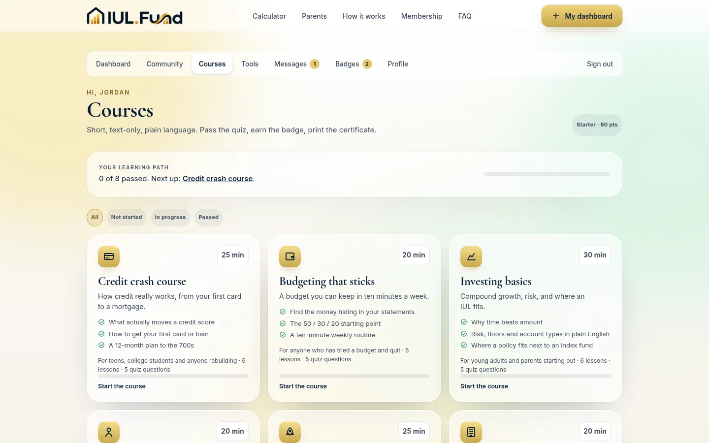 The IUL.Fund courses library, showing eight financial-literacy courses with quizzes and certificates