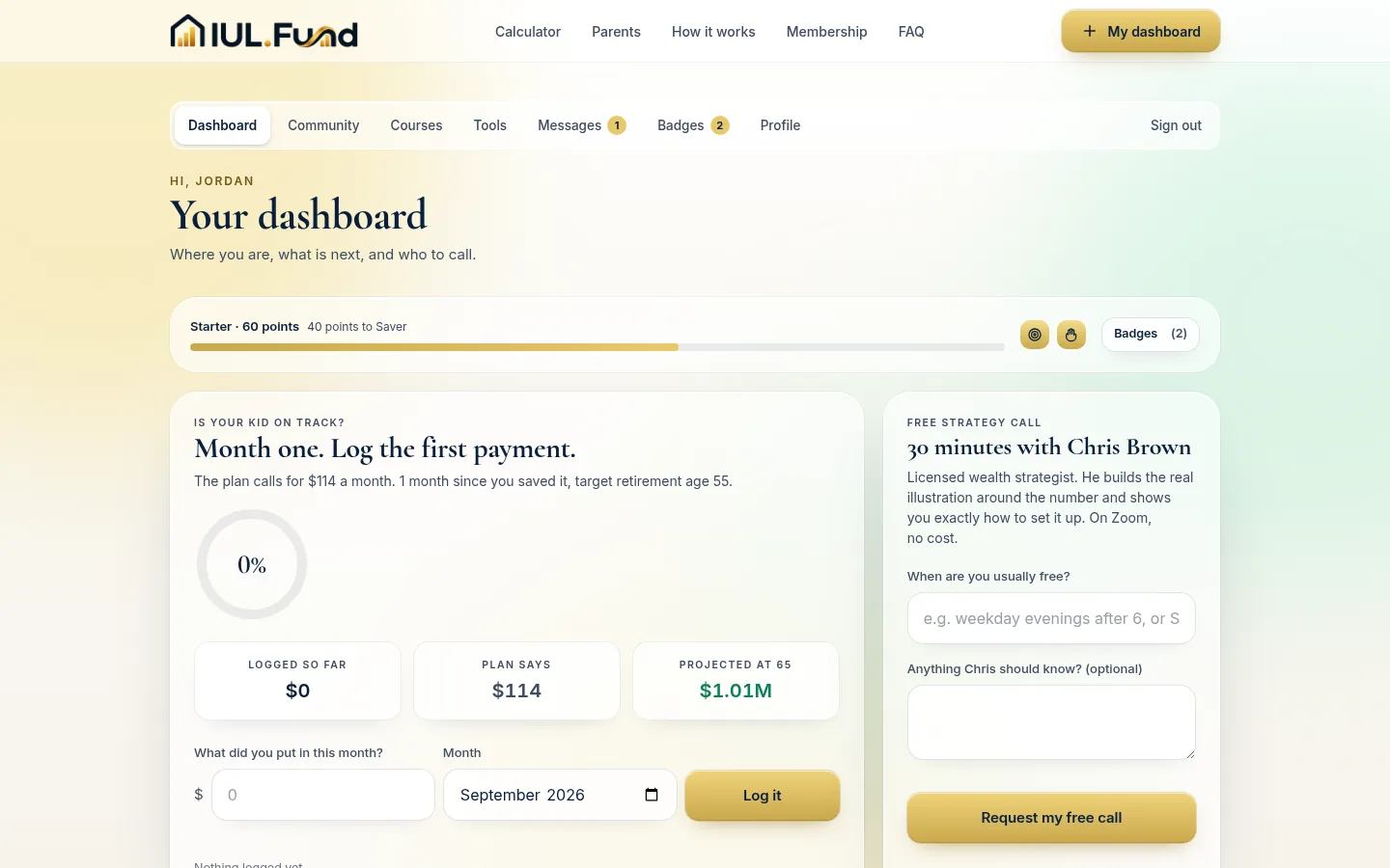 A member's IUL.Fund dashboard, tracking progress toward a $1.01M projection and offering a free strategy call