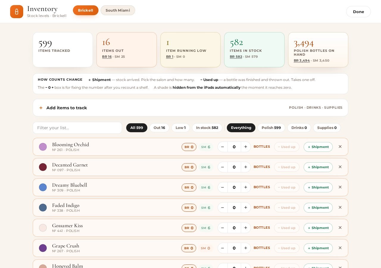Inventory screen with bottle-level stock counts for Brickell