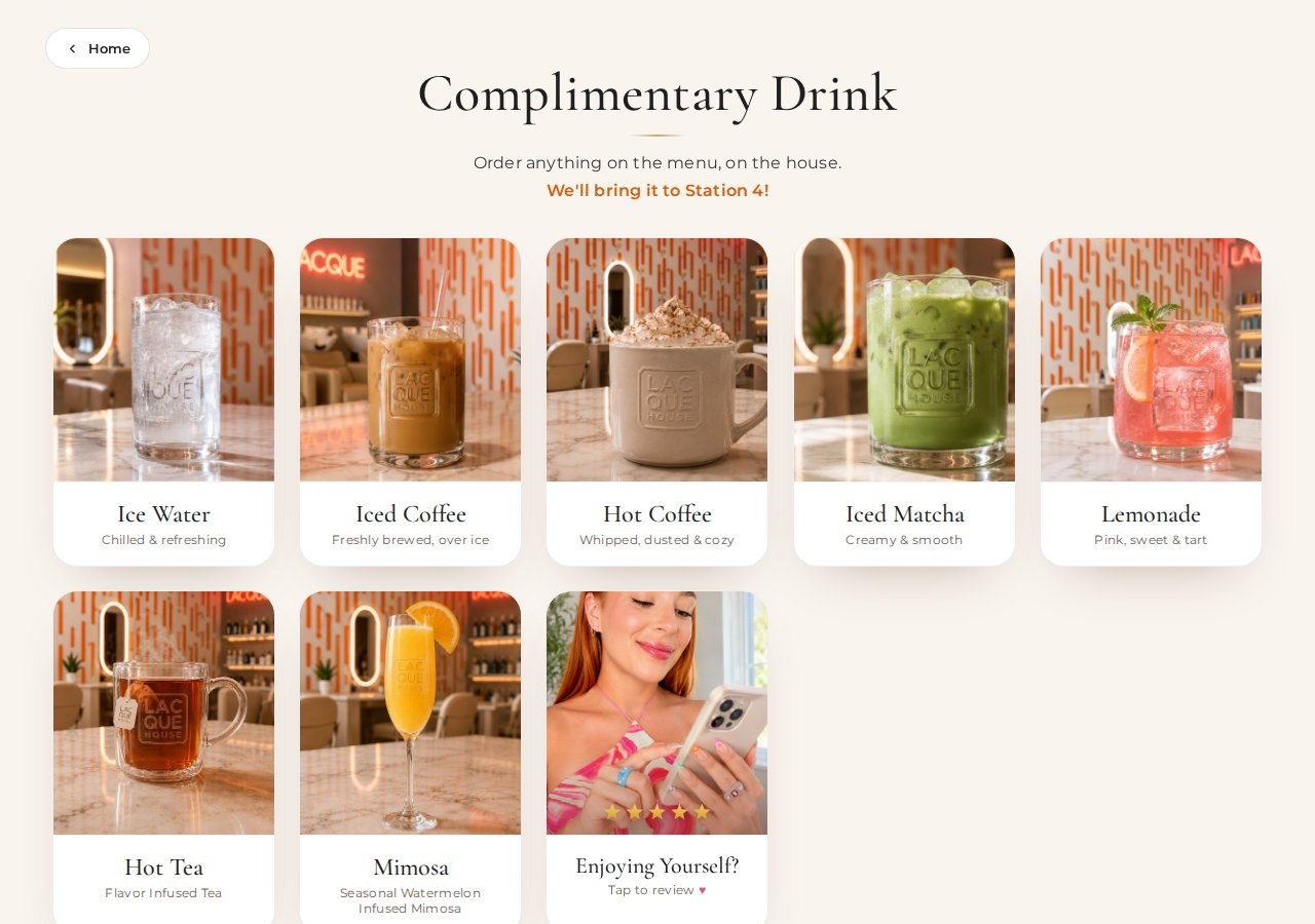Complimentary drink menu with 7 photographed drinks and customization options