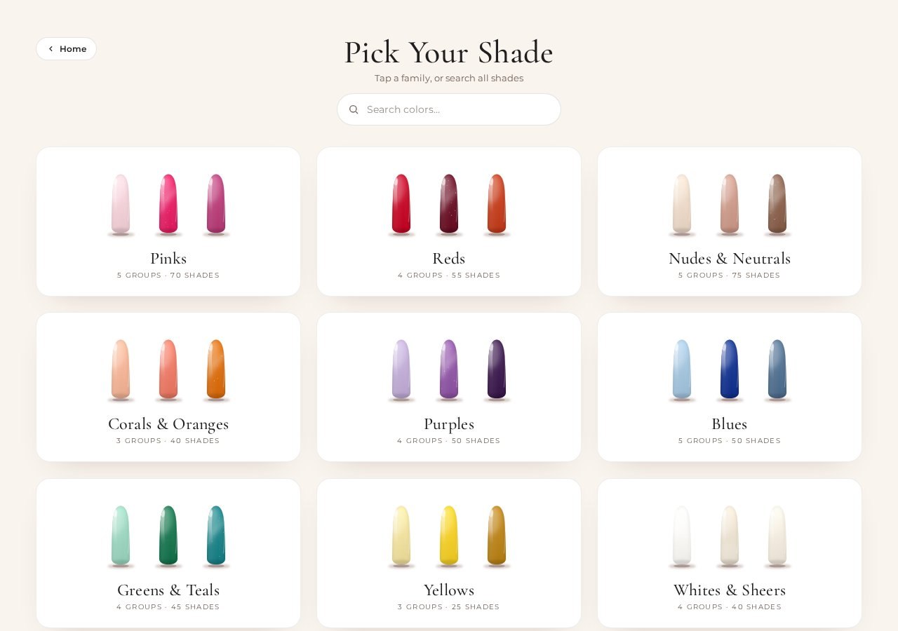 Pick Your Shade screen with 9 of 14 color families and shade counts