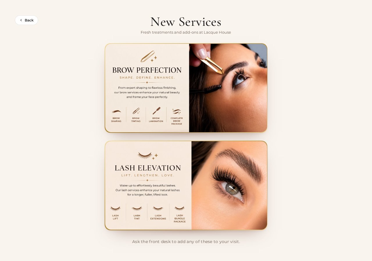 New Services screen for Brow Perfection and Lash Elevation