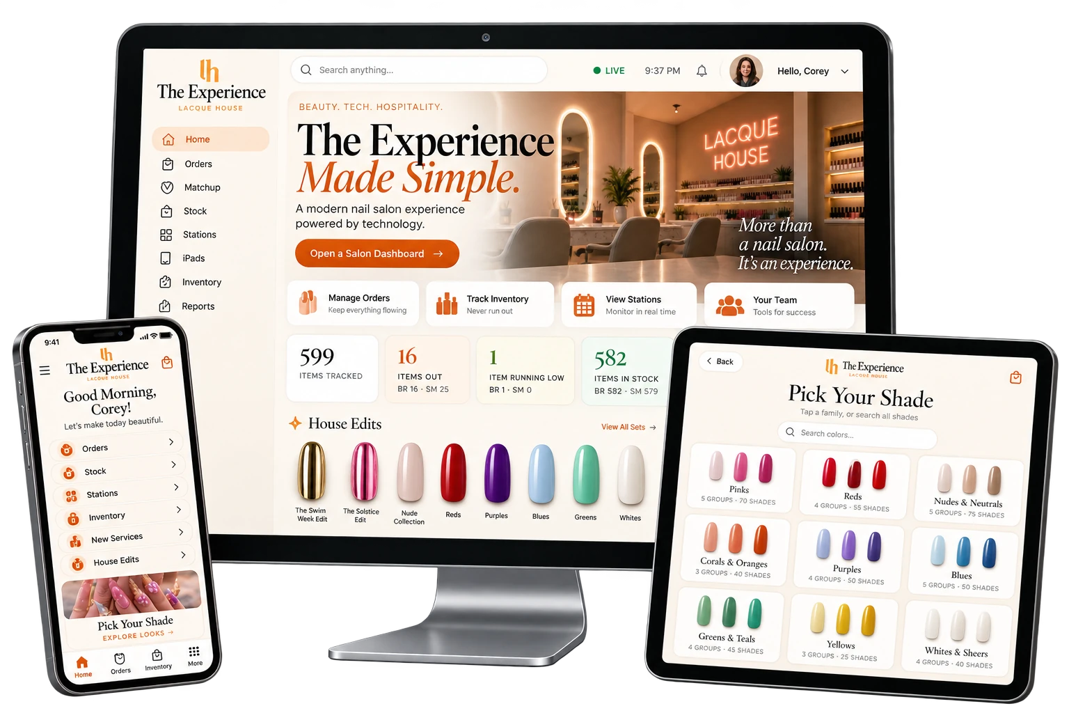 The Lacque House Experience app shown on a salon desktop dashboard, a front-desk iPad and a guest's phone