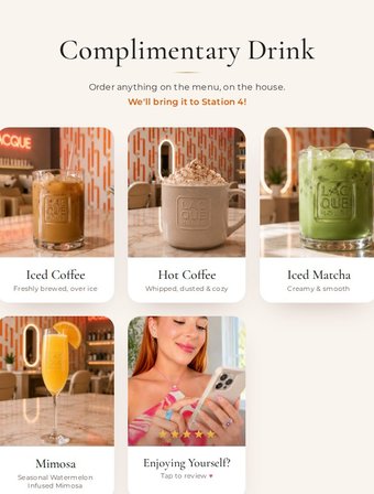 Complimentary drink menu with 7 real, photographed drinks and a station-specific delivery note