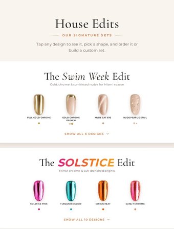 House Edits screen showing curated nail art capsule collections, The Swim Week Edit and The Solstice Edit