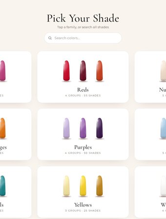 Pick Your Shade screen showing 9 of 14 color families with shade counts and a search box