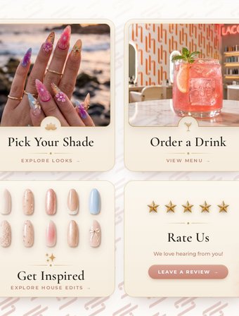 Lacque House Experience home screen with four cards: Pick Your Shade, Order a Drink, Get Inspired and Rate Us