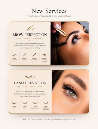 New Services screen for Brow Perfection and Lash Elevation add-on treatments