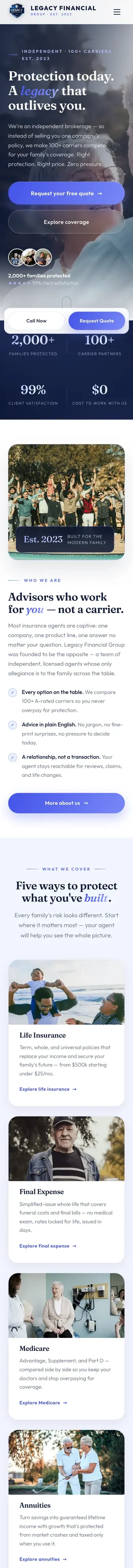 Same-day capture of the redesigned Legacy Financial Group homepage at iPhone size