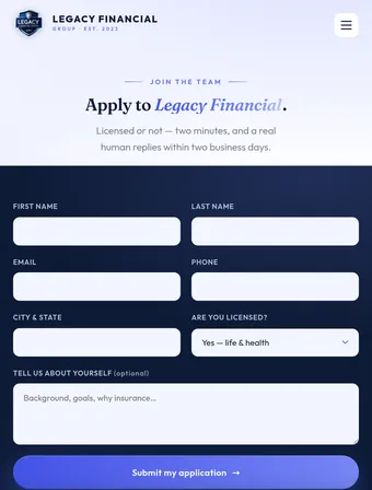 Agent application page of the redesigned Legacy Financial Group site