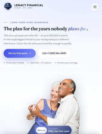 Long-term care page of the redesigned Legacy Financial Group site