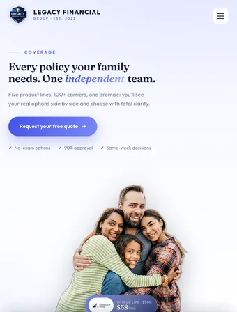 Coverage overview page of the redesigned Legacy Financial Group site