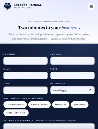 Request a quote page of the redesigned Legacy Financial Group site