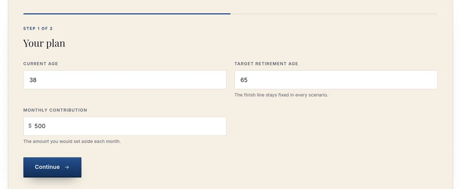 Cost of Waiting Calculator on the live site with a sample age, retirement age and monthly contribution entered