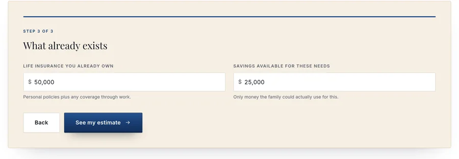 Life Insurance Needs Calculator on the live site with sample coverage owned and available savings entered
