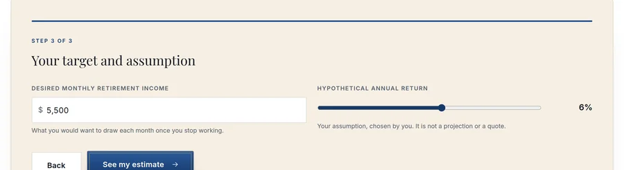 Retirement Savings Calculator on the live site with a sample monthly income goal and assumed rate of return entered