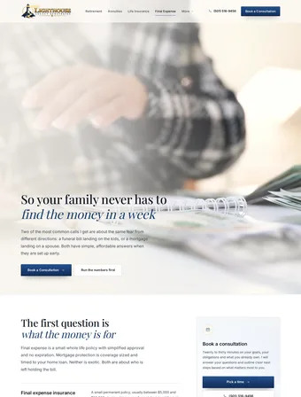 Lighthouse Legacy Strategies final expense page, live