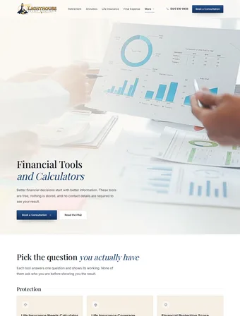 Lighthouse Legacy Strategies financial planning tools page, live