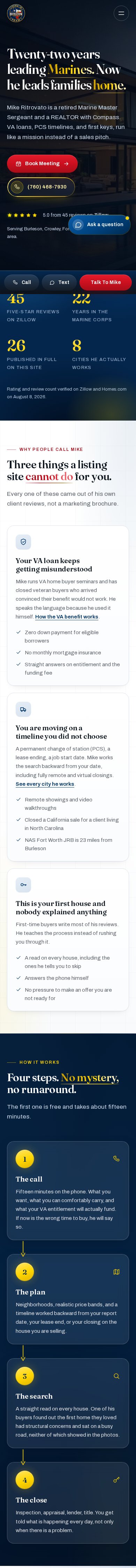 Redesigned Mike Ritrovato homepage, same-day capture at iPhone size