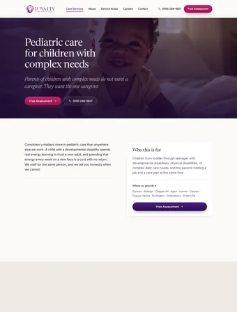 Pediatric Care page of the redesigned Loyalty Residence Care site
