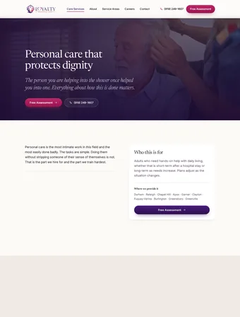 Personal Care page of the redesigned Loyalty Residence Care site