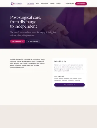 Post-Surgical Recovery page of the redesigned Loyalty Residence Care site