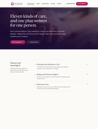 Care services overview page of the redesigned Loyalty Residence Care site