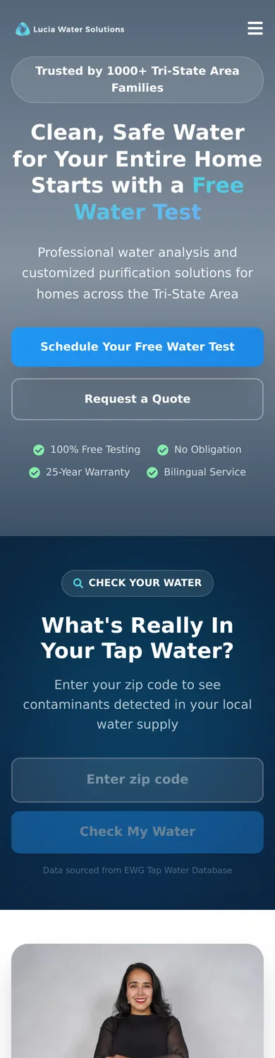 Original Lucia Water Solutions homepage captured on an iPhone-size viewport