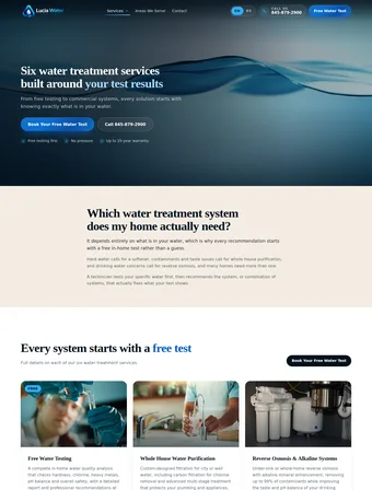 Services page of the redesigned Lucia Water Solutions site