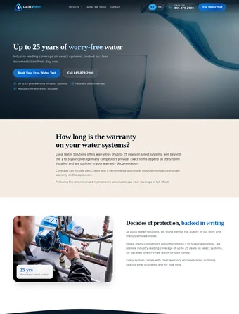 Warranty page of the redesigned Lucia Water Solutions site