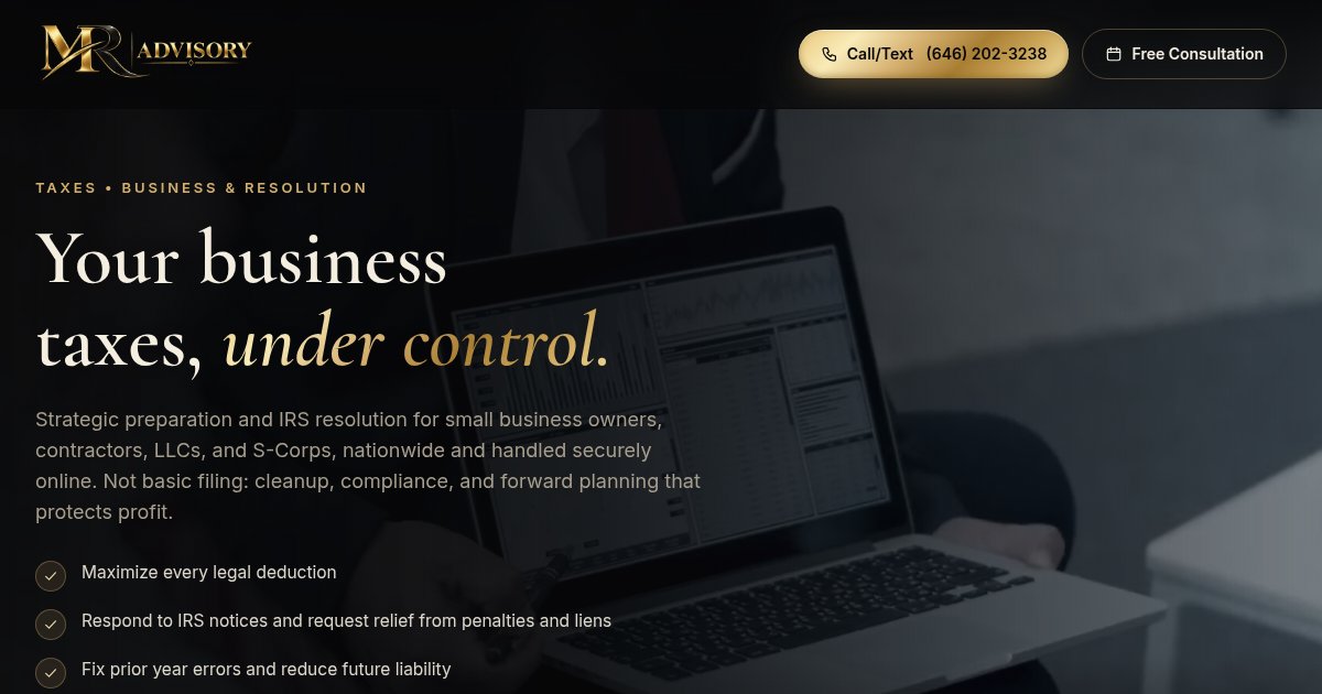 Business tax prep and IRS resolution page, live