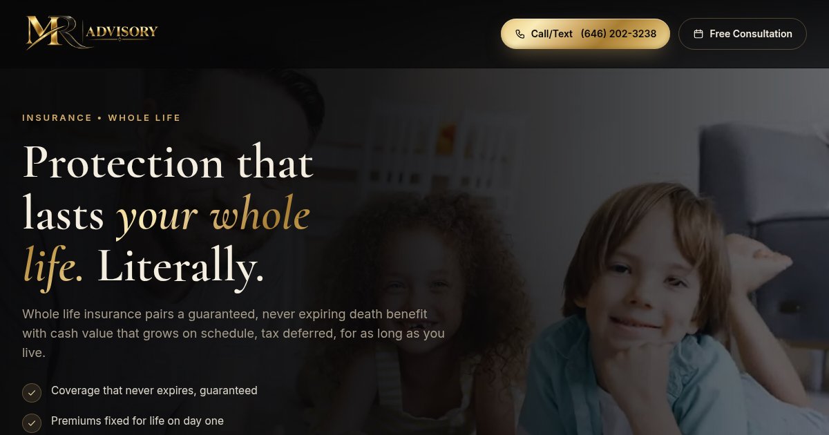 Whole life insurance and cash value page, live