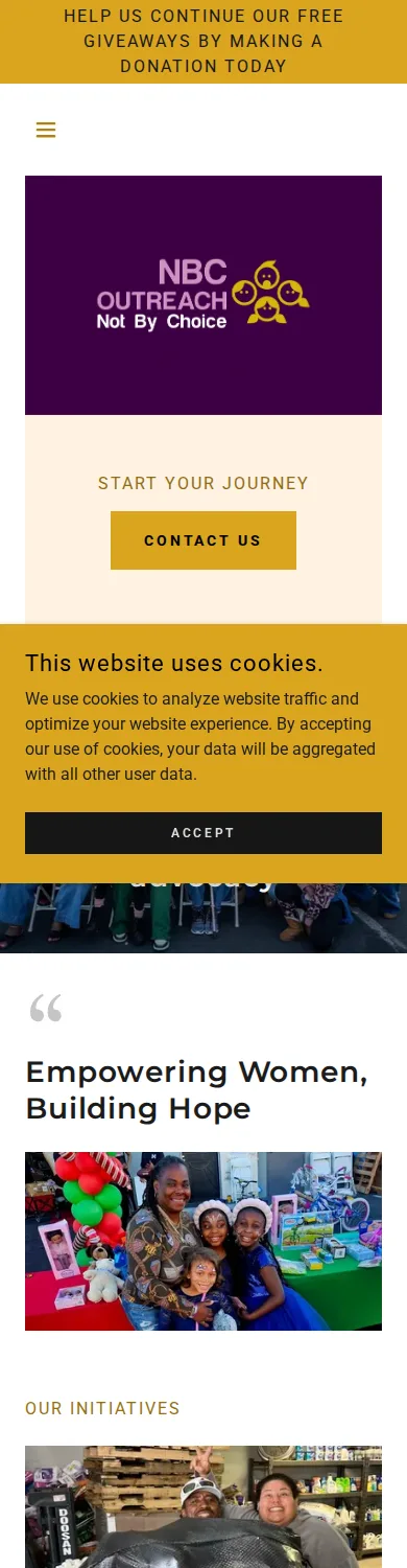 Original NBC Outreach homepage captured on an iPhone-size viewport