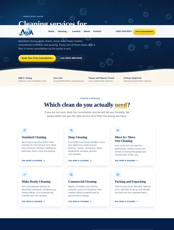 Cleaning Services page of the redesigned Never Wash Again site