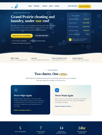 The redesigned Never Wash Again homepage