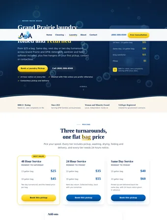 Laundry Services page of the redesigned Never Wash Again site