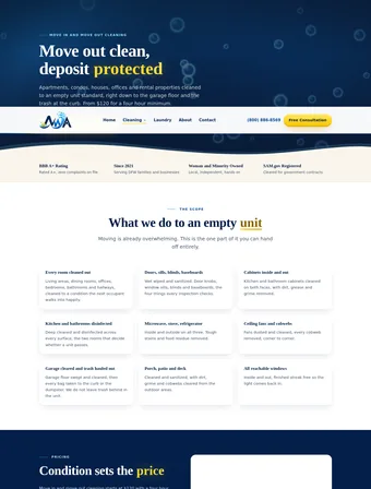 Move In / Move Out page of the redesigned Never Wash Again site