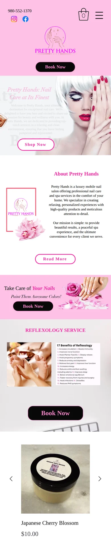 Original Pretty Hands homepage captured on an iPhone-size viewport