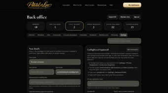 Admin settings tab with owner details, meeting link, calendar link and the optional GoHighLevel connection